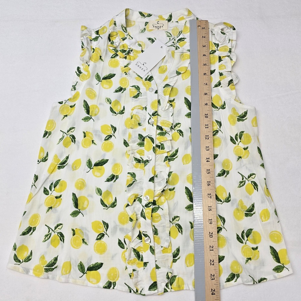 Ember Lemon Print Ruffle Button Front Linen Tank Top Medium Citrus Light Italy - Picture 8 of 8
